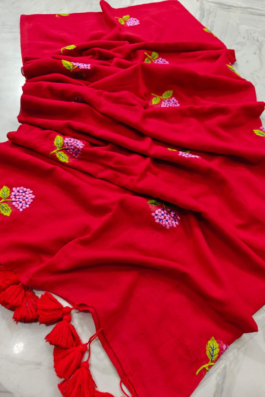 Anaya Mul Cotton Red Saree