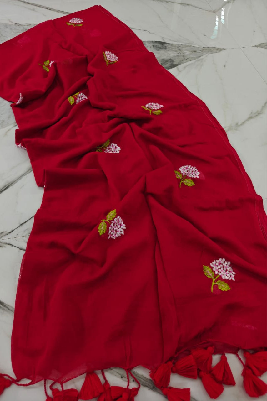 Anaya Mul Cotton Red Saree