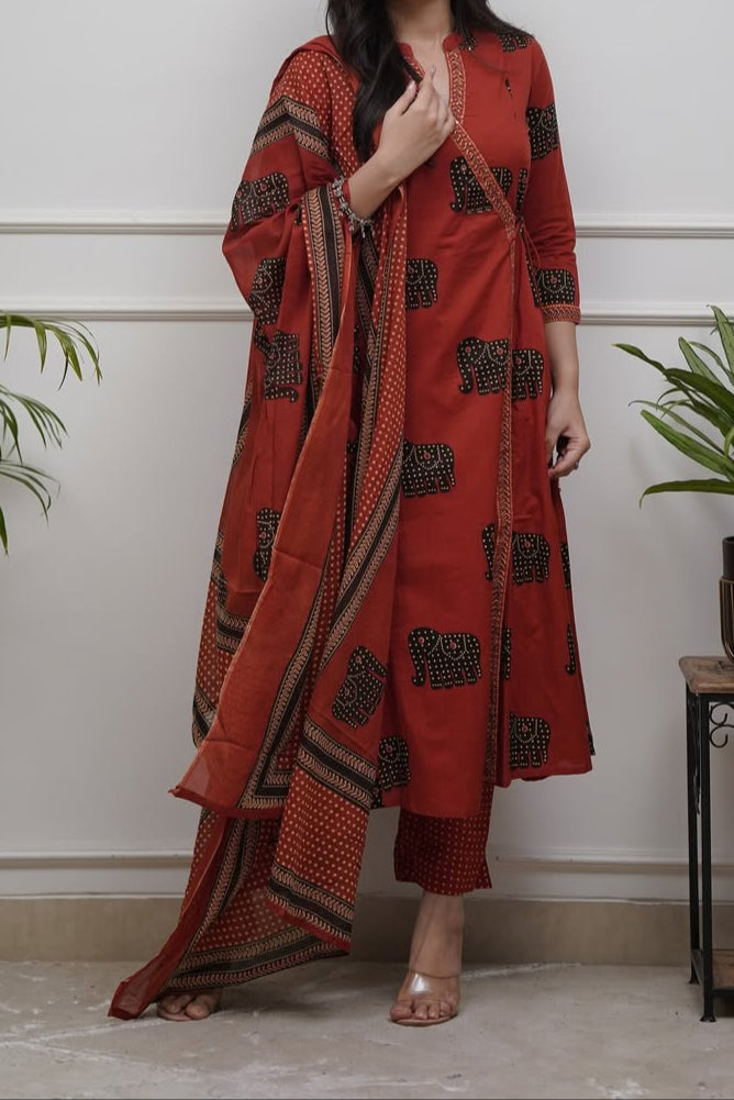 Elephant Print Cotton Kurti Set