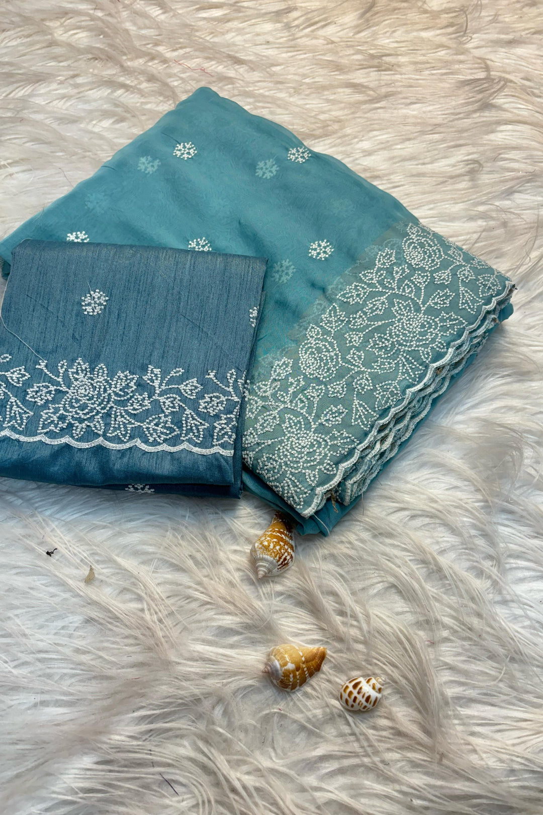 Cloud Swirls Tussar Blue Silk Saree