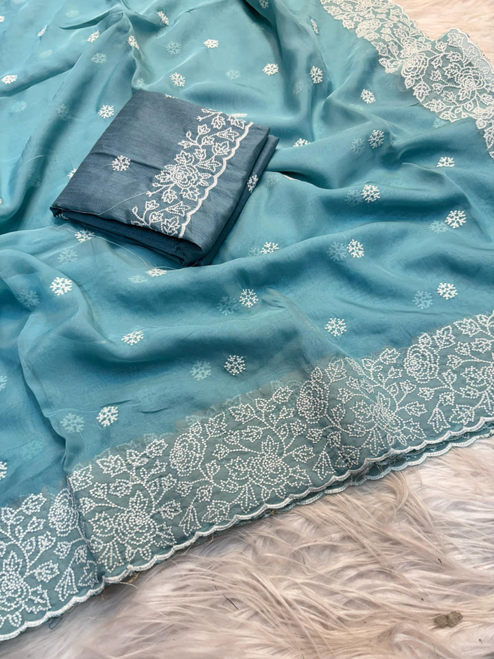 Cloud Swirls Tussar Blue Silk Saree