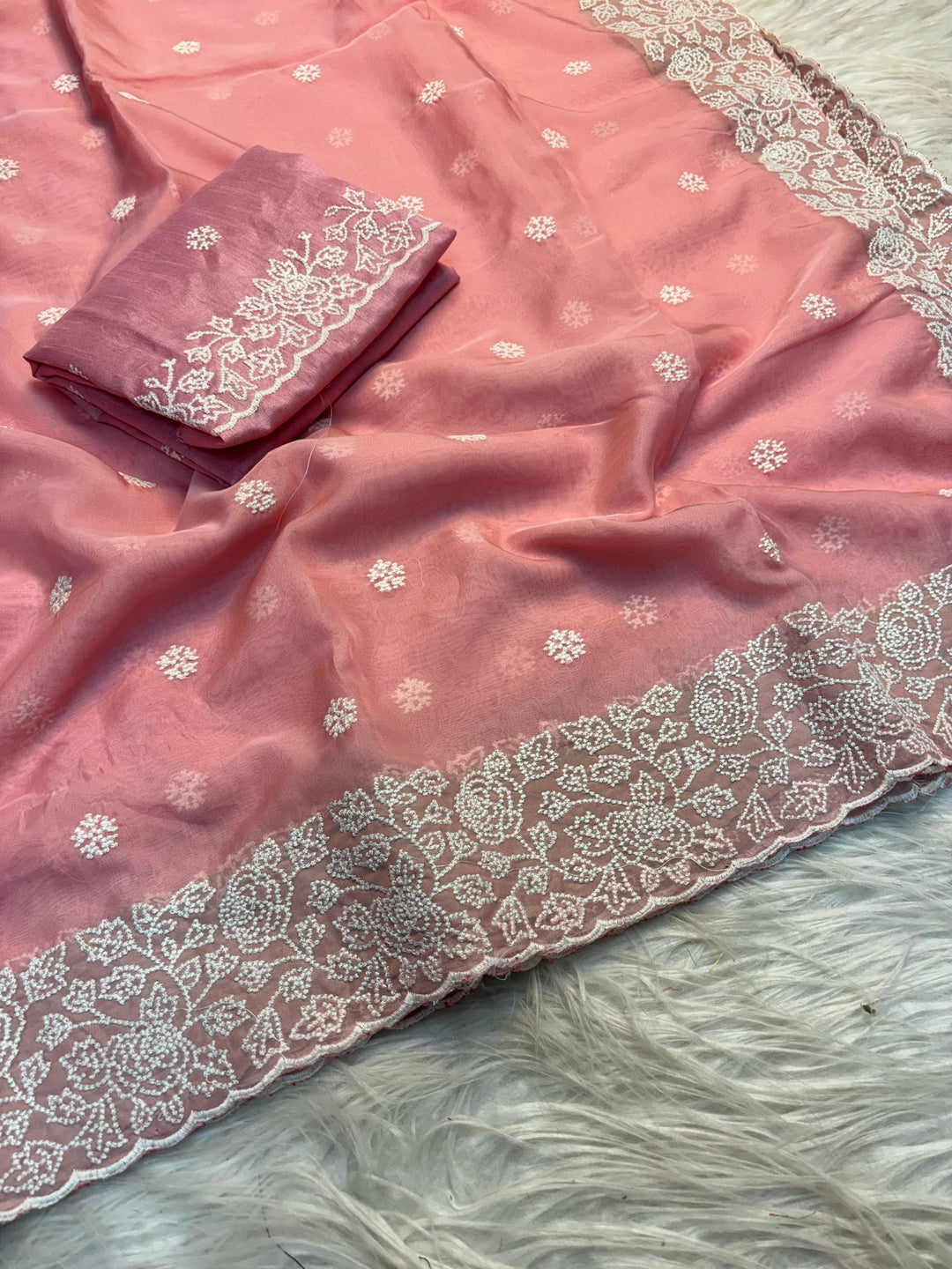 Cloud Swirls Tussar Pink Silk Saree