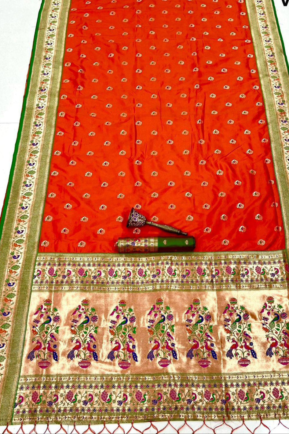 From River Roots Kanchivaram Paithani Orange Silk Saree