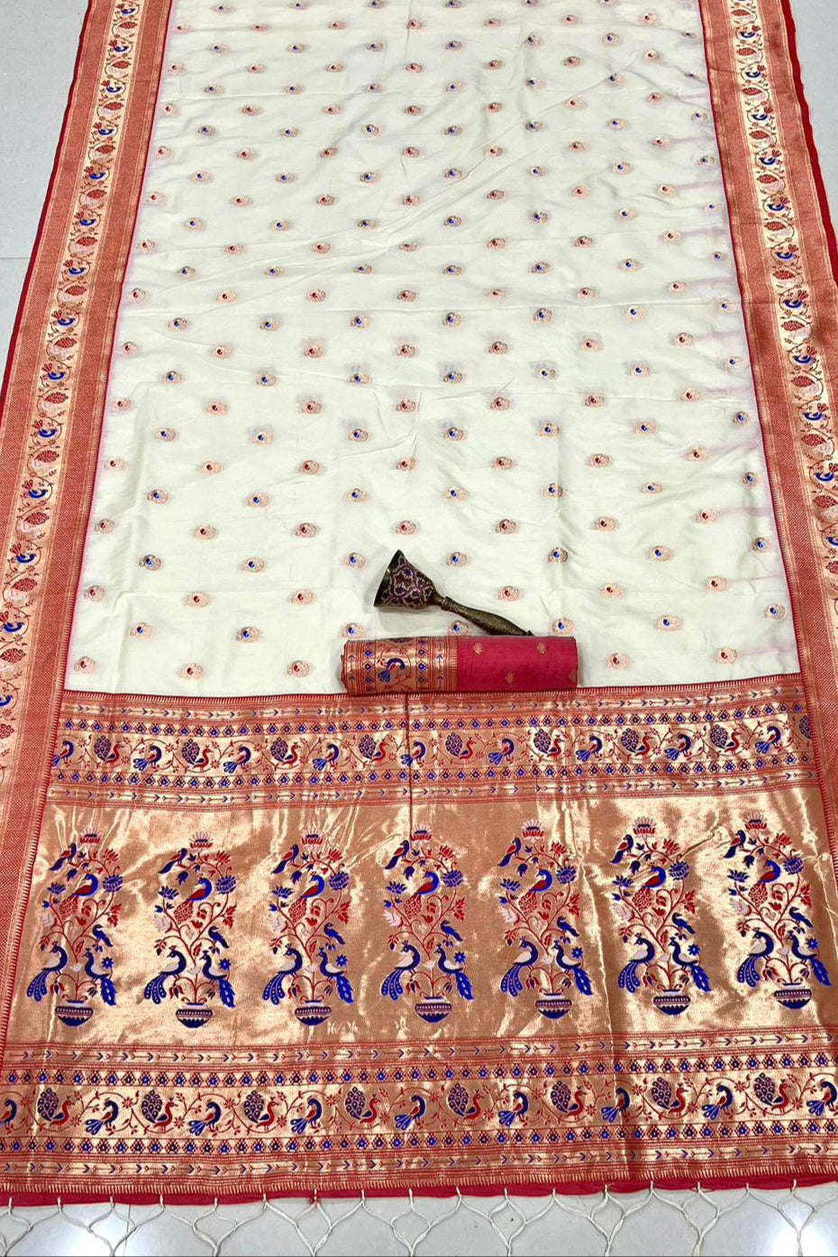 From River Roots Kanchivaram Paithani White Silk Saree