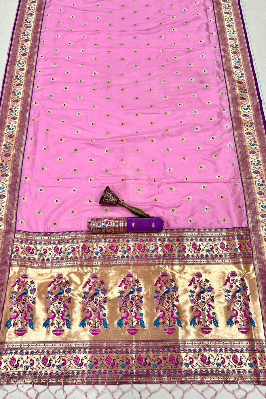 From River Roots Kanchivaram Paithani Pink Silk Saree