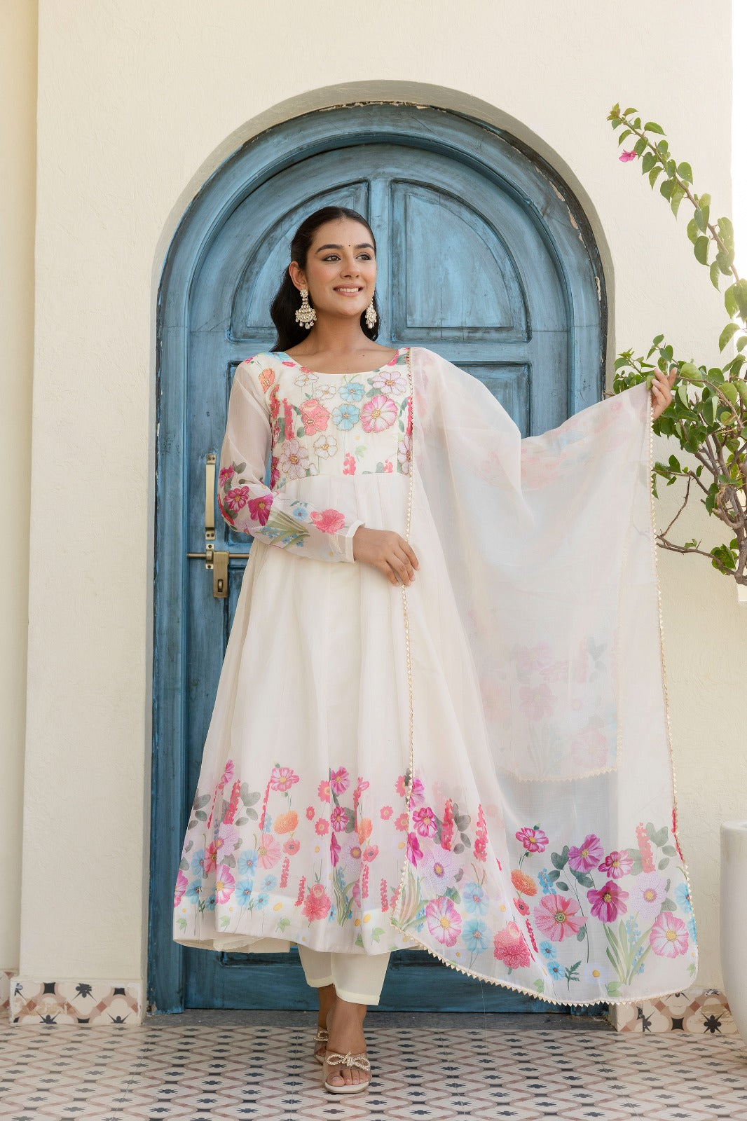 White Organza Anarkali Set