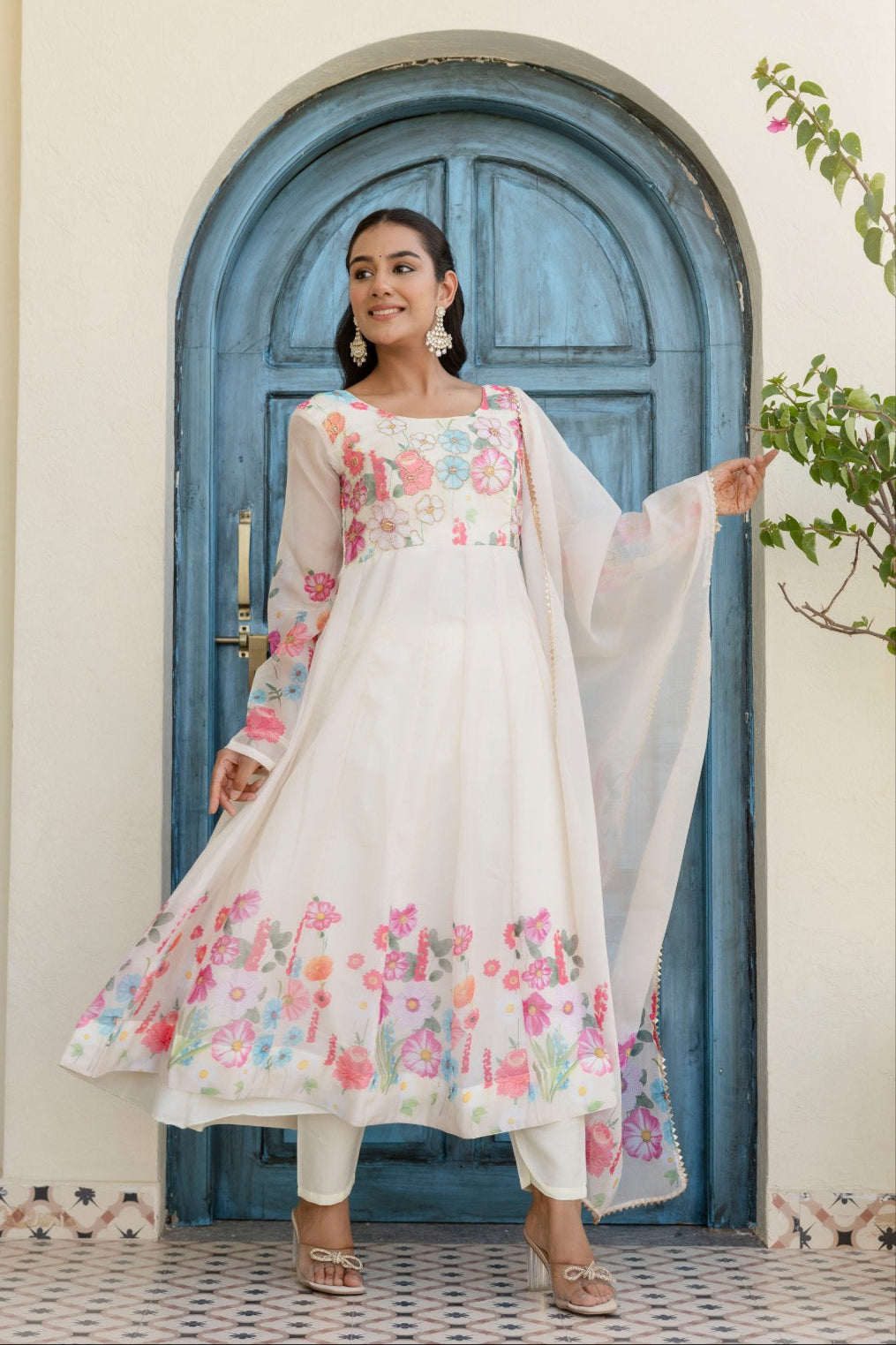White Organza Anarkali Set