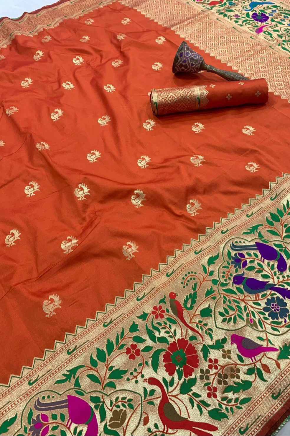 Gulnaar Kanchivaram Paithani Orange Silk Saree