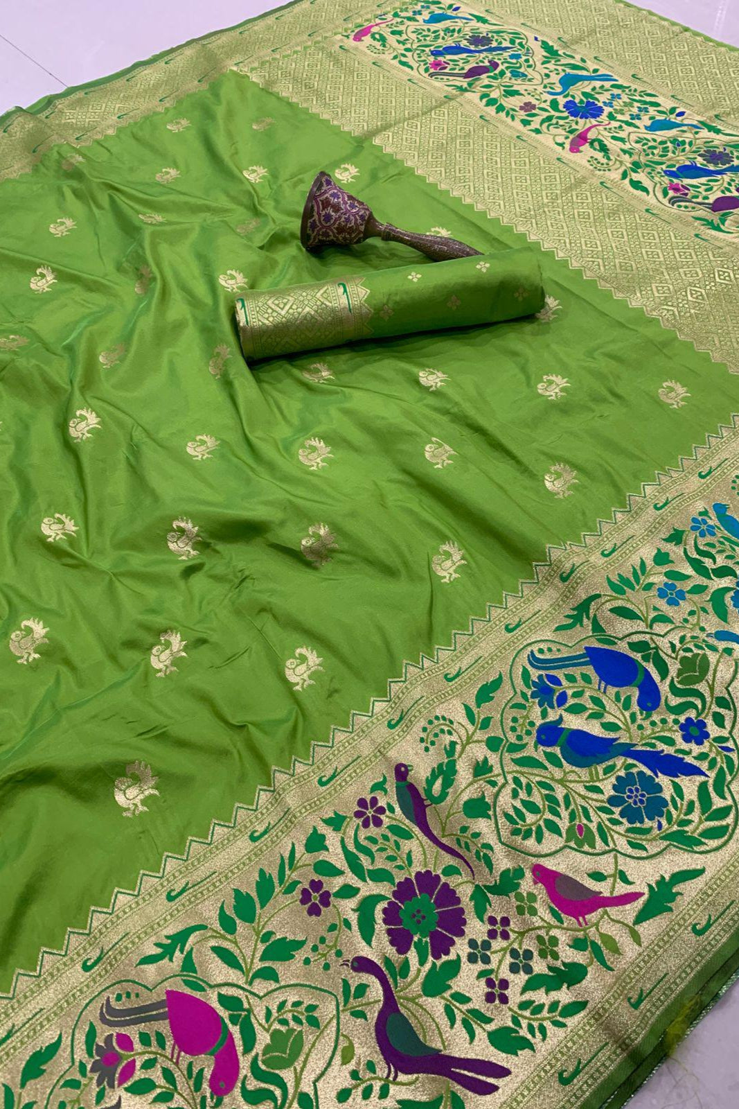 Gulnaar Kanchivaram Paithani Green Silk Saree