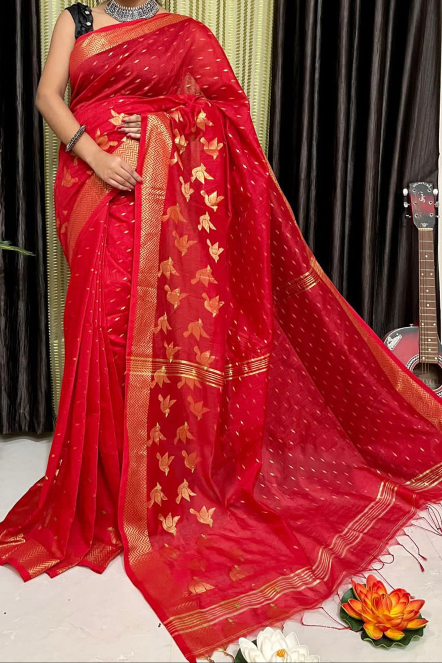 Palash Flame Cotton Silk Jamdani Saree