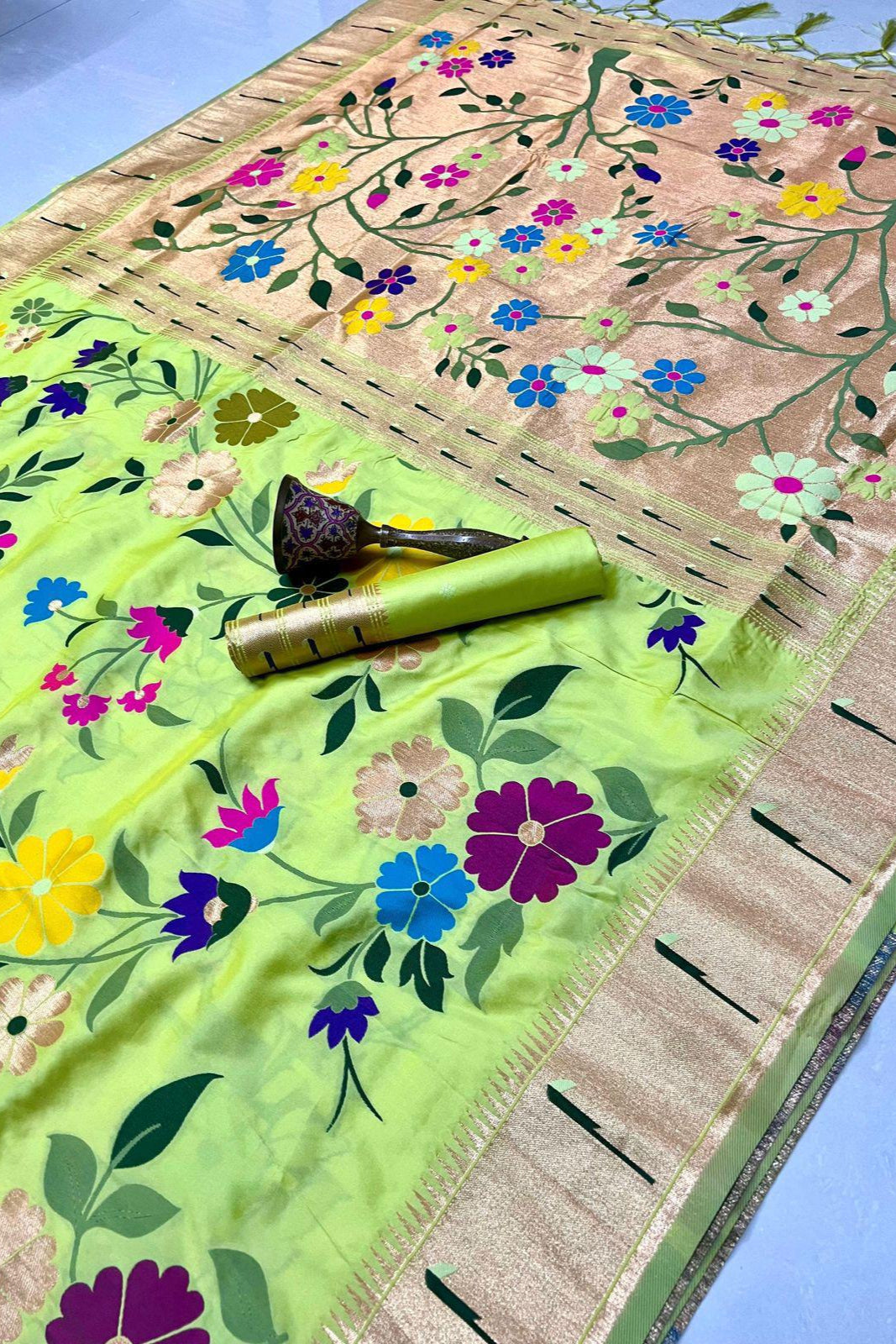 Flower Shower Kanchivaram Paithani Green Silk Saree