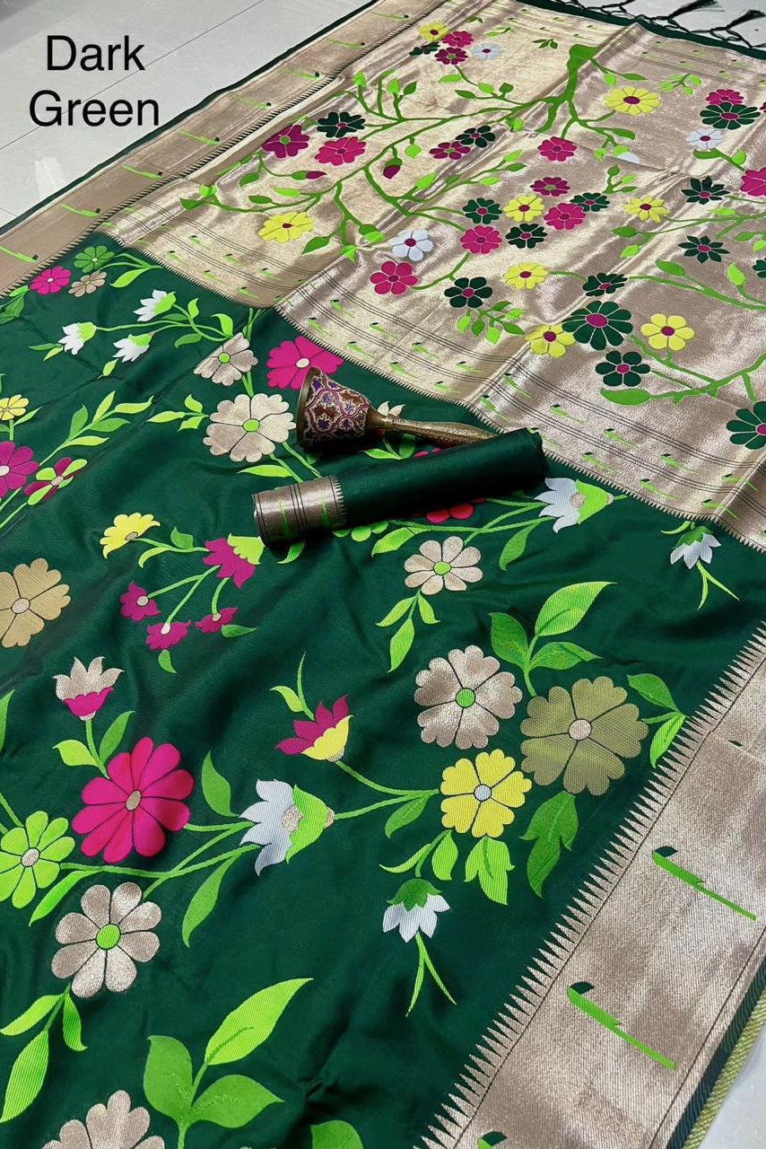 Flower Shower Kanchivaram Paithani Green Silk Saree