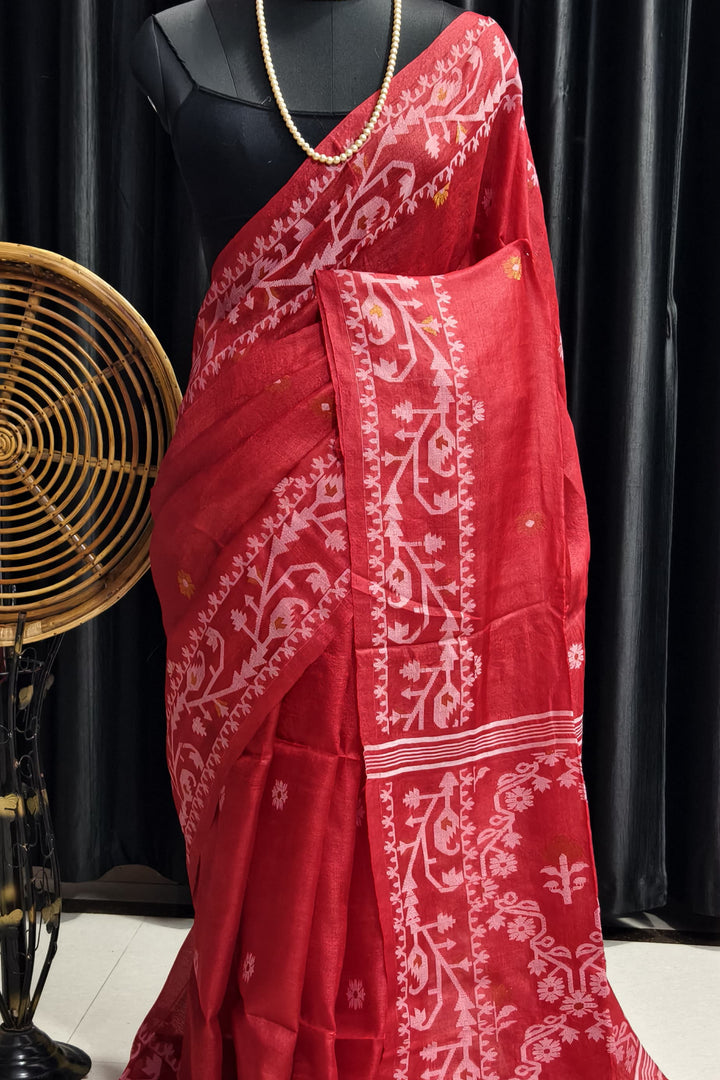 Kachha Sona Gachi Tussar Red Jamdani Saree