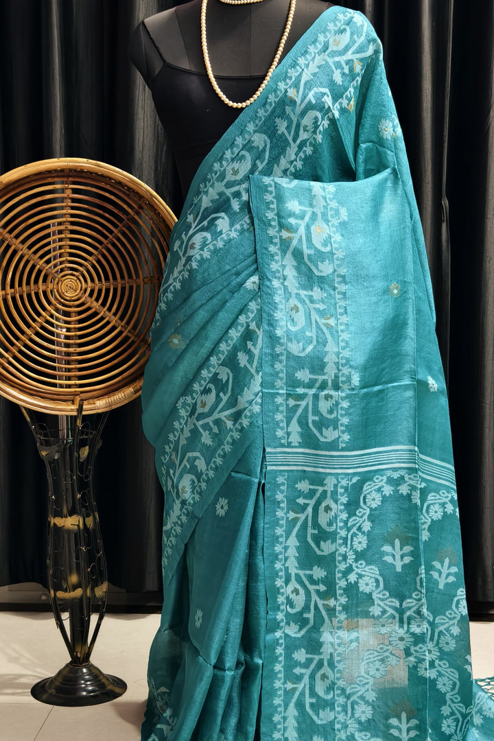 Kachha Sona Gachi Tussar Blue Jamdani Saree