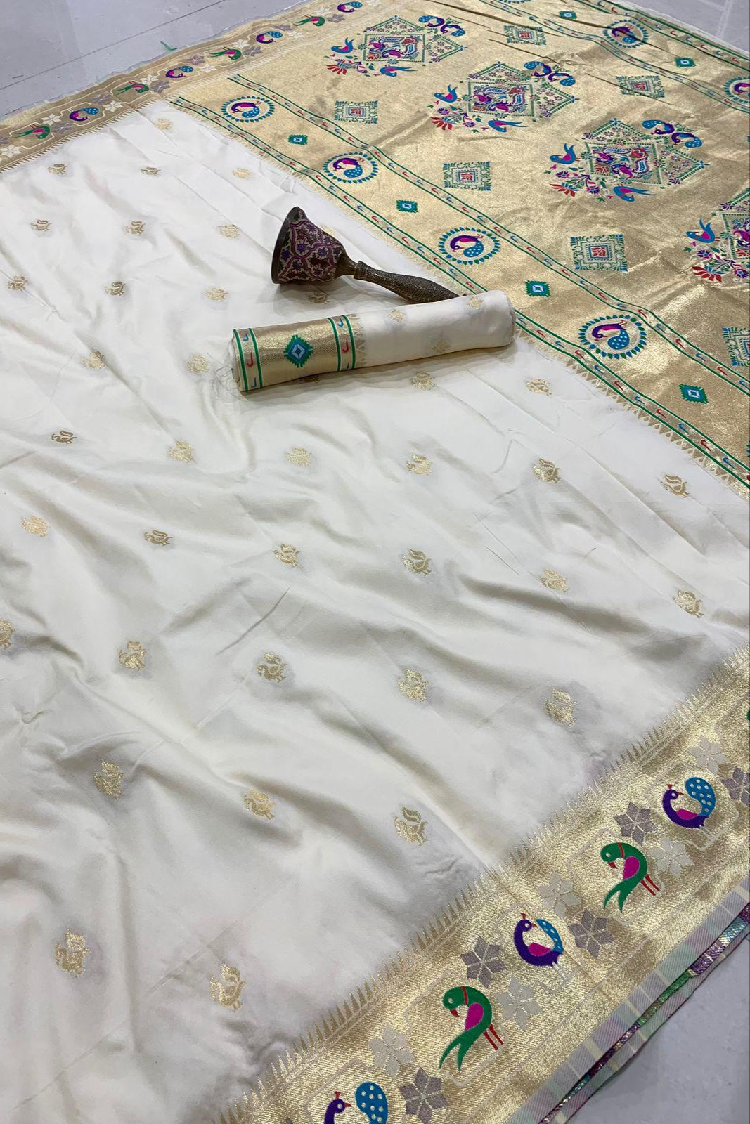 History In Gold Paithani White Silk Saree