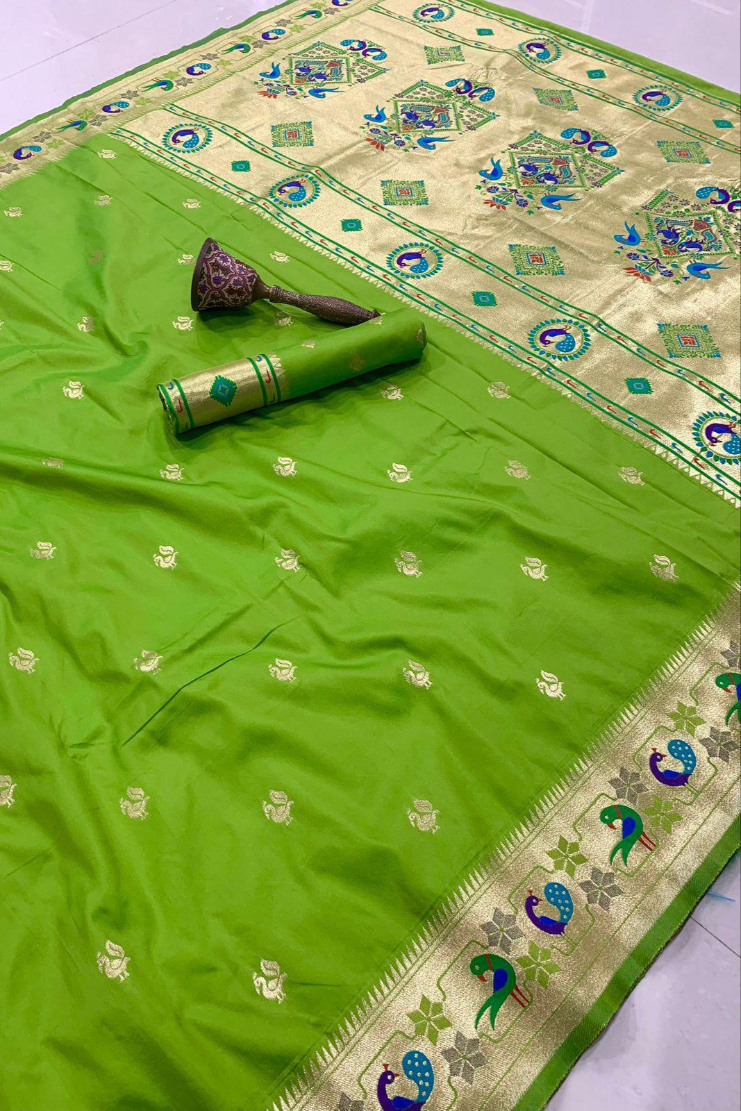 History In Gold Paithani Green Silk Saree