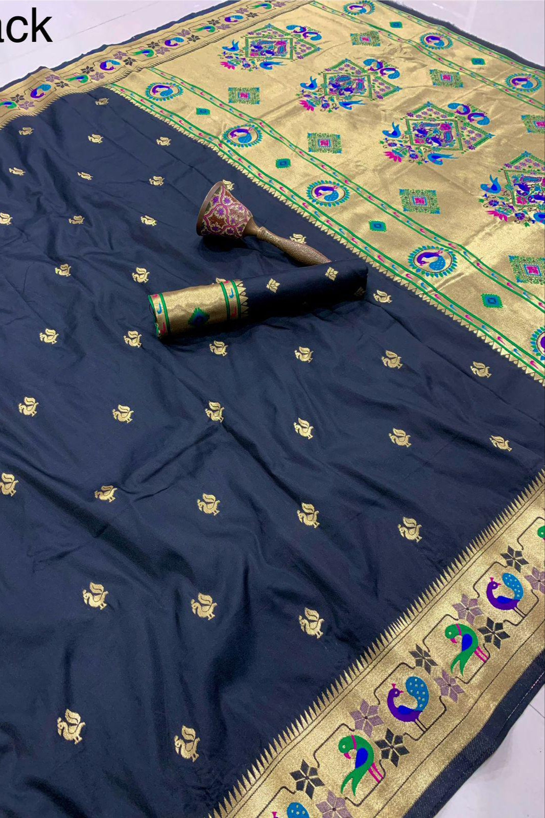 History In Gold Paithani Black Silk Saree