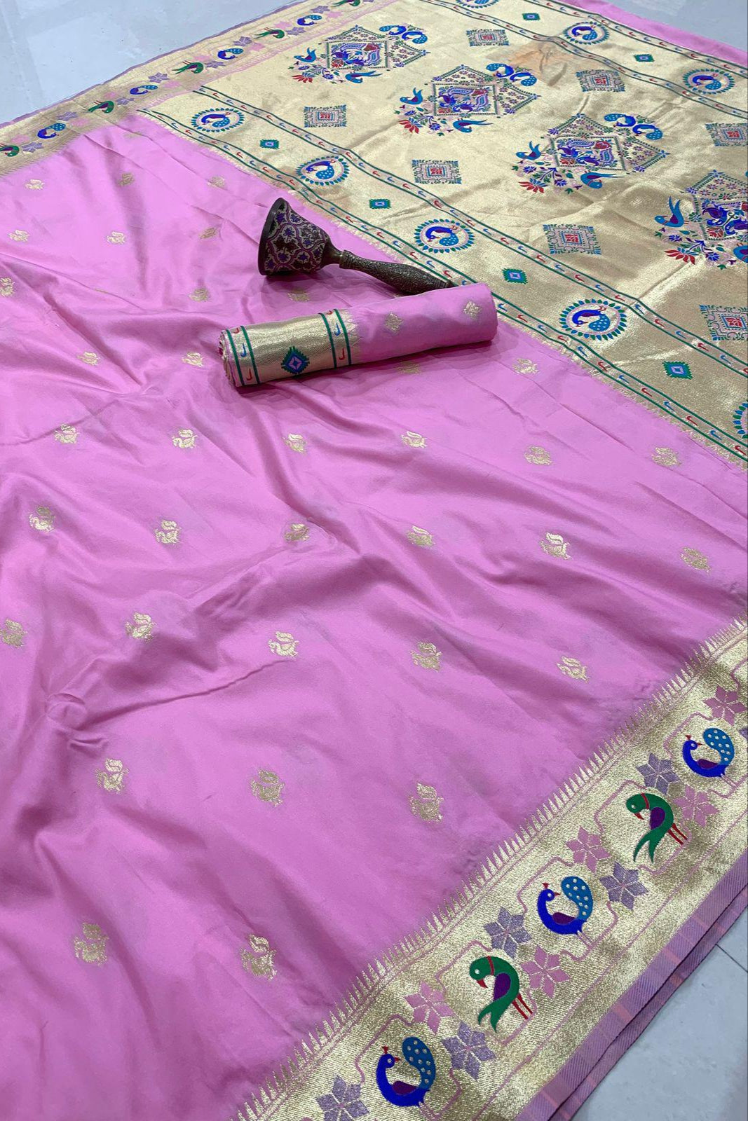 History In Gold Paithani Pink Silk Saree