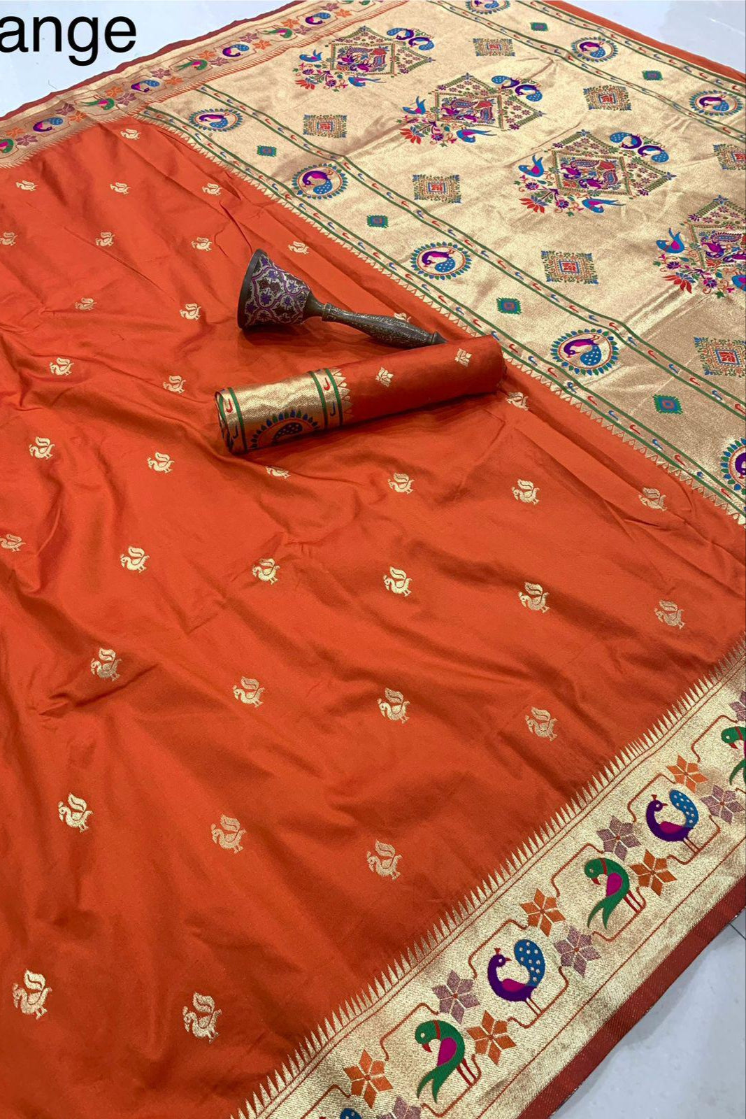 History In Gold Paithani Orange Silk Saree
