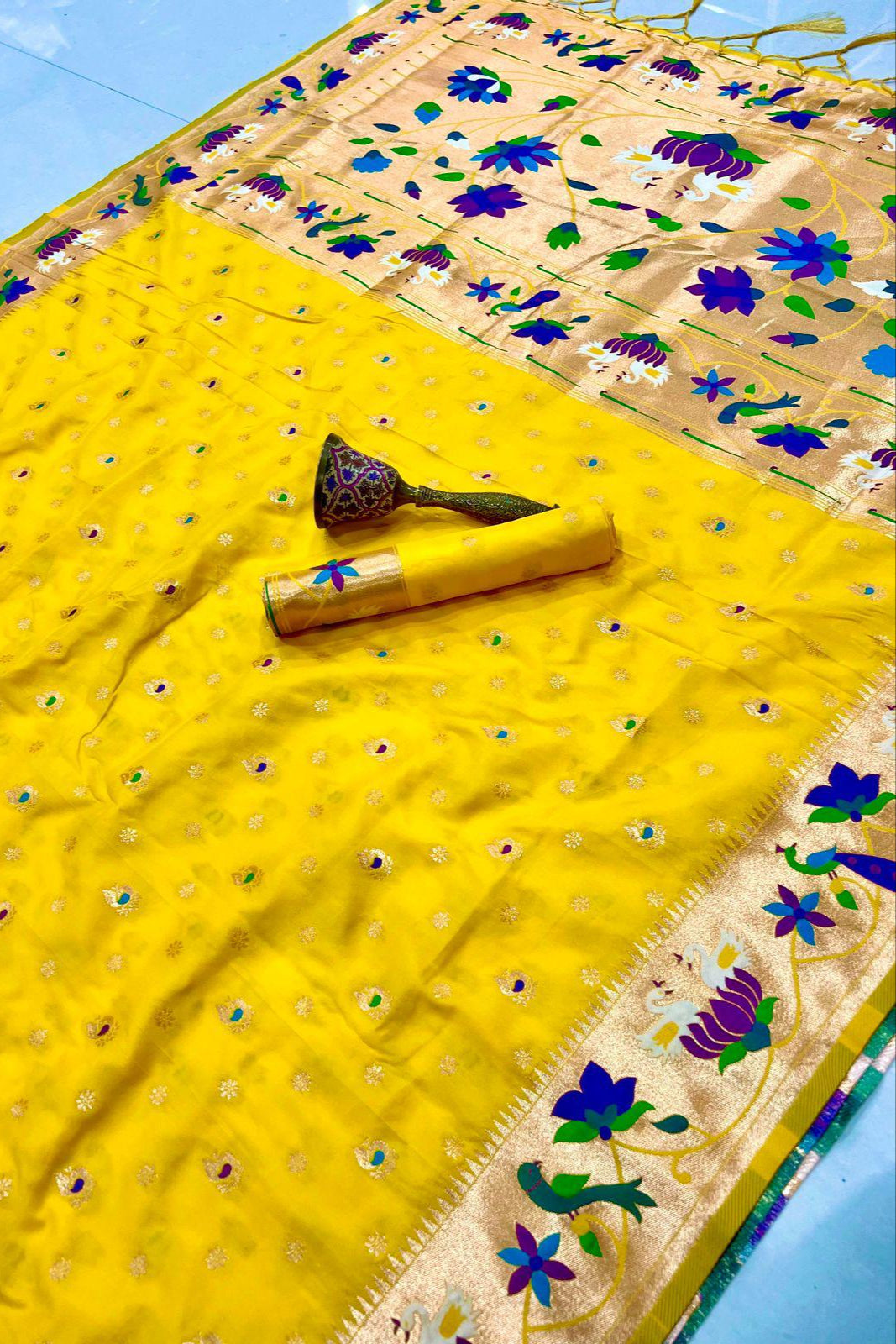 Fly In Tradition Kanchivaram Paithani Yellow Silk Saree