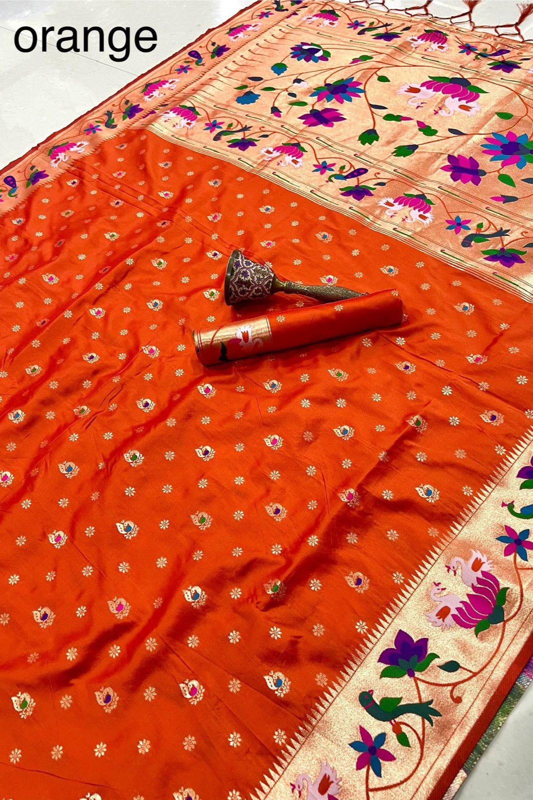 Fly In Tradition Kanchivaram Paithani Orange Silk Saree