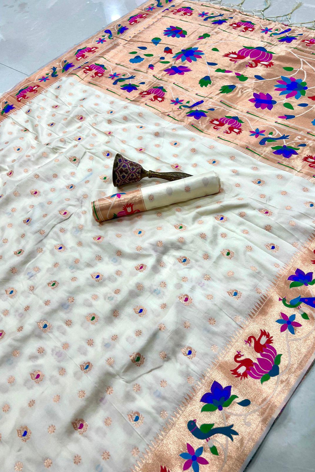 Fly In Tradition Kanchivaram Paithani White Silk Saree