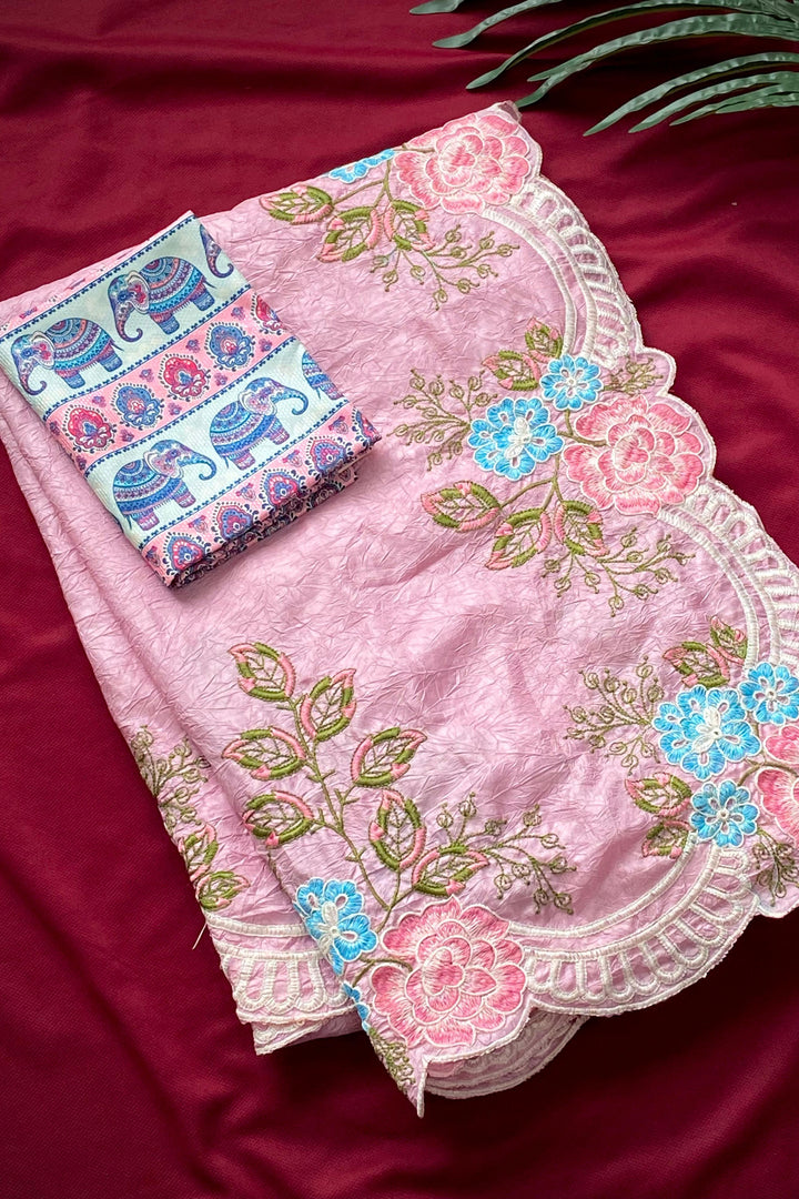 Blushing Petals Cotton Crepe Crush Silk Saree