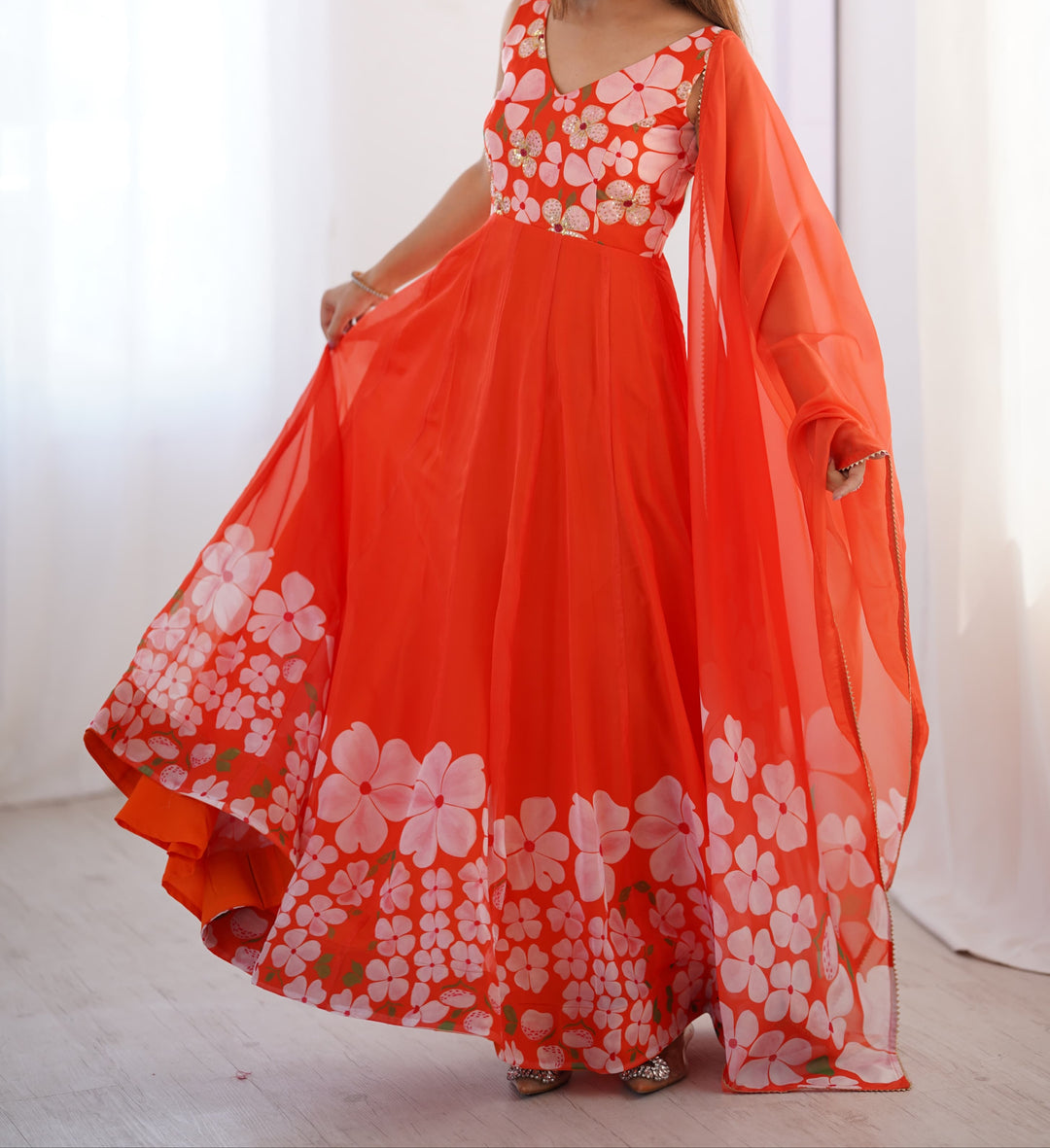 Orange Organza Gown Set