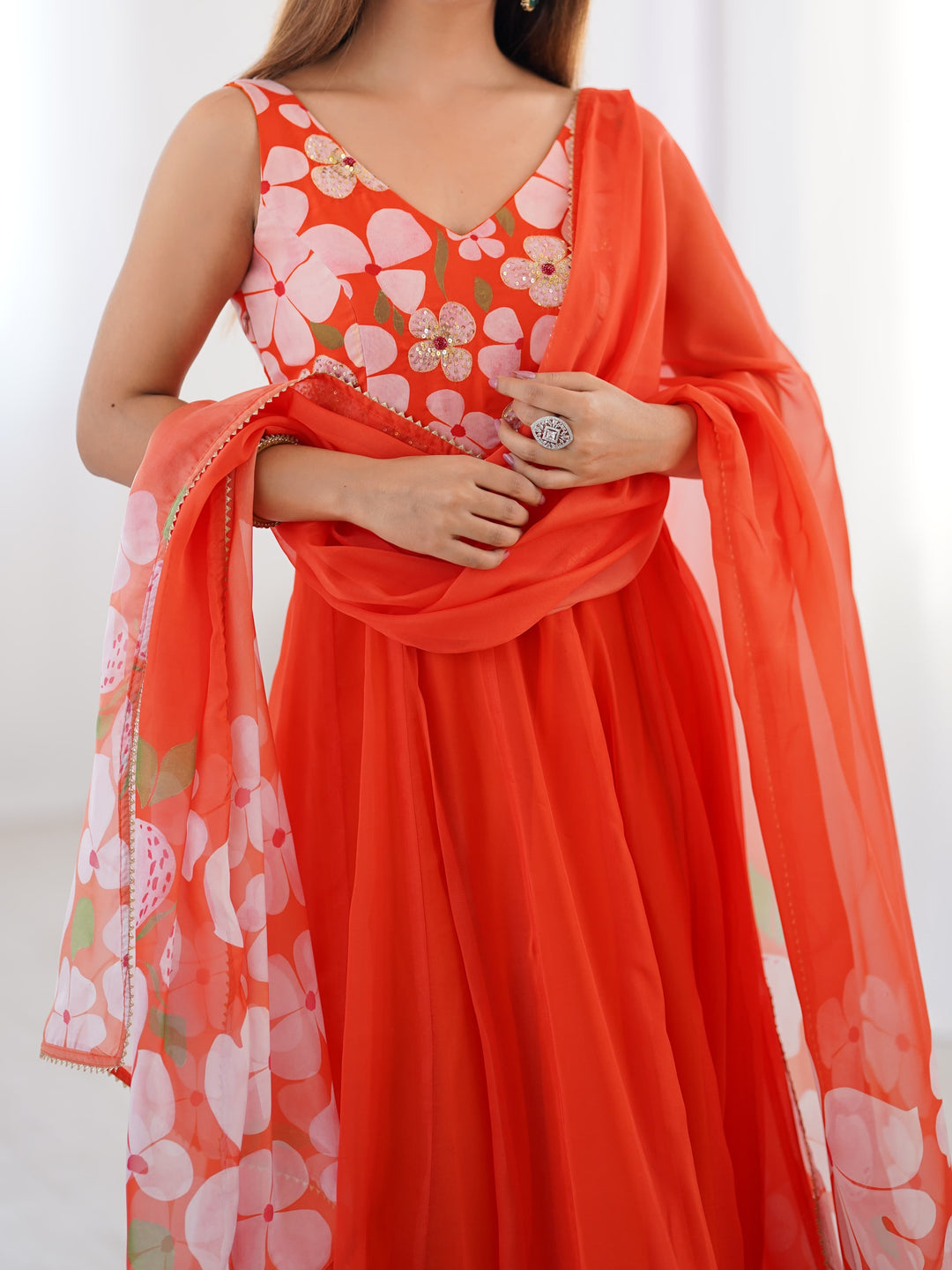 Orange Organza Gown Set