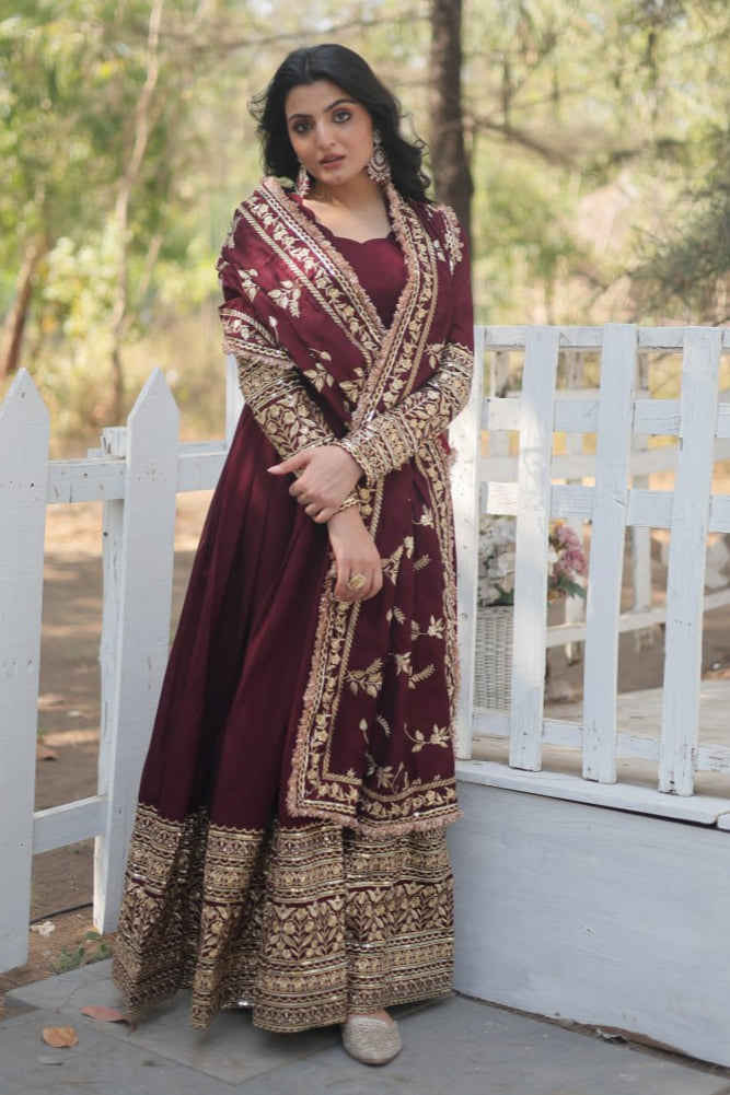 Maroon Mehfil Georgette Gown Set