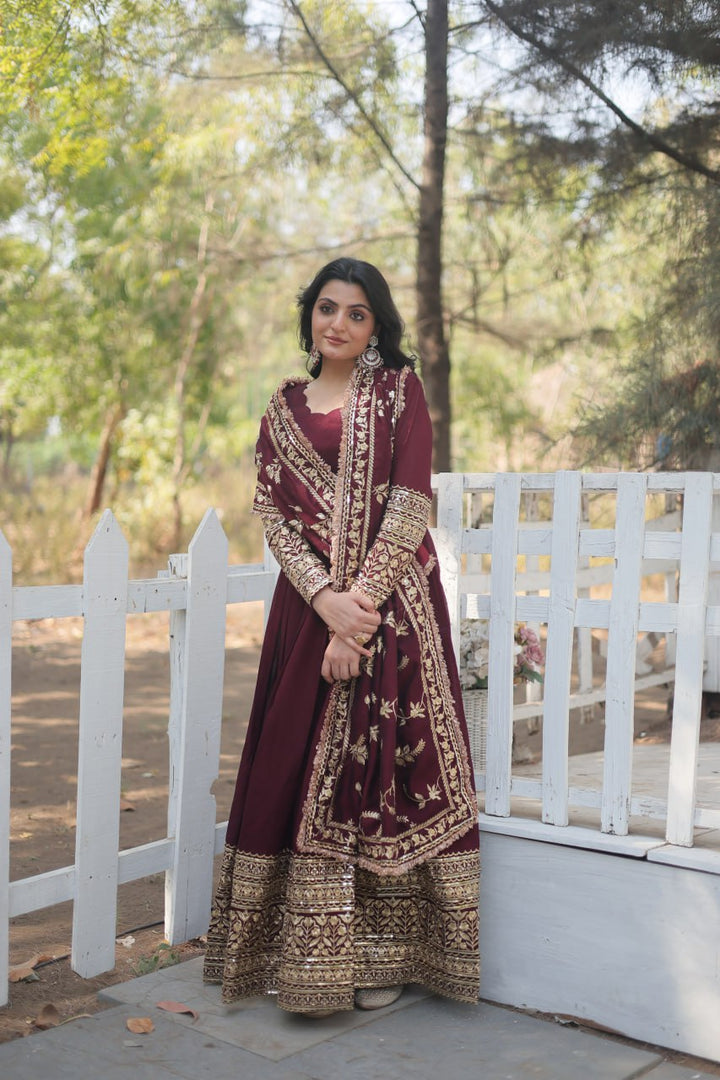 Maroon Mehfil Georgette Gown Set