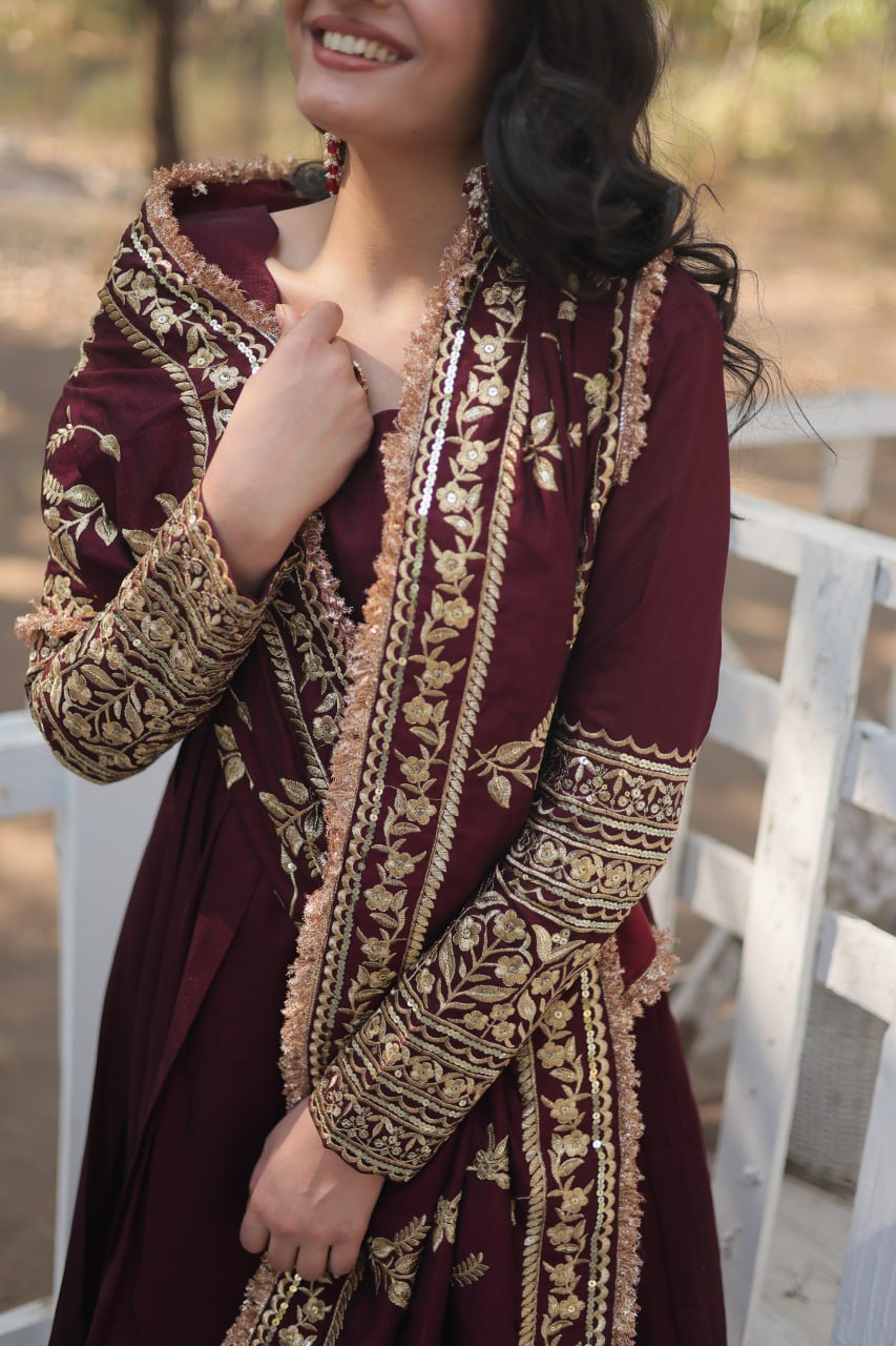Maroon Mehfil Georgette Gown Set