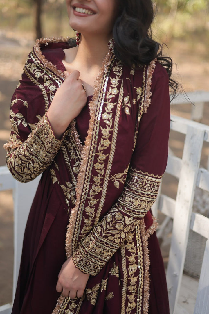 Maroon Mehfil Georgette Gown Set