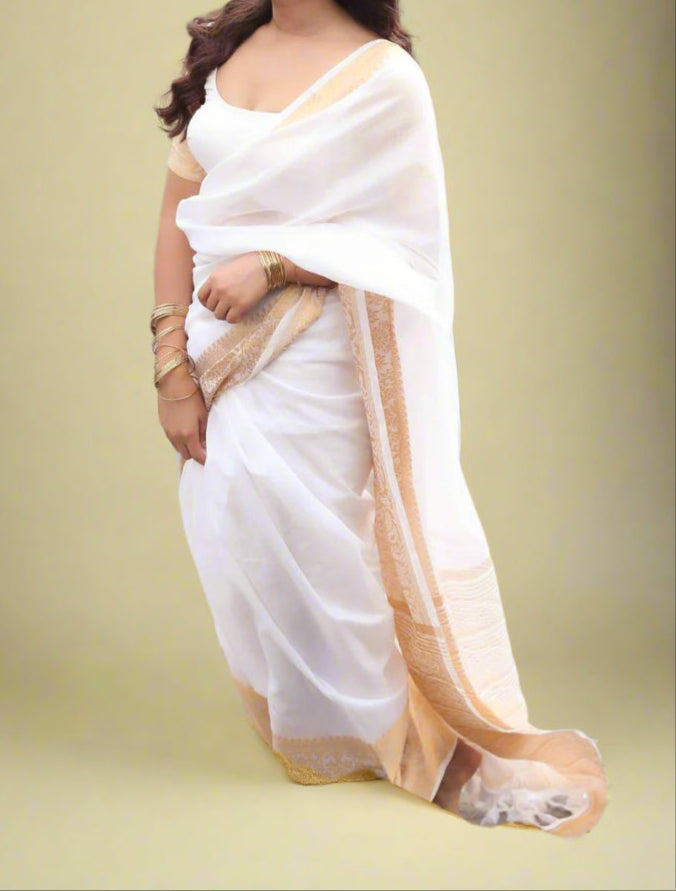 Model Inspired White Onam Cotton Saree