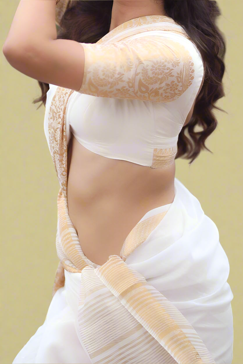 Model Inspired White Onam Cotton Saree