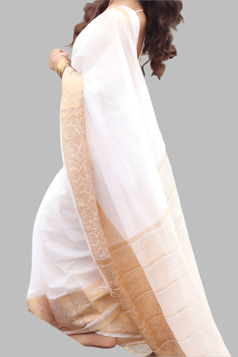 Model Inspired White Onam Cotton Saree