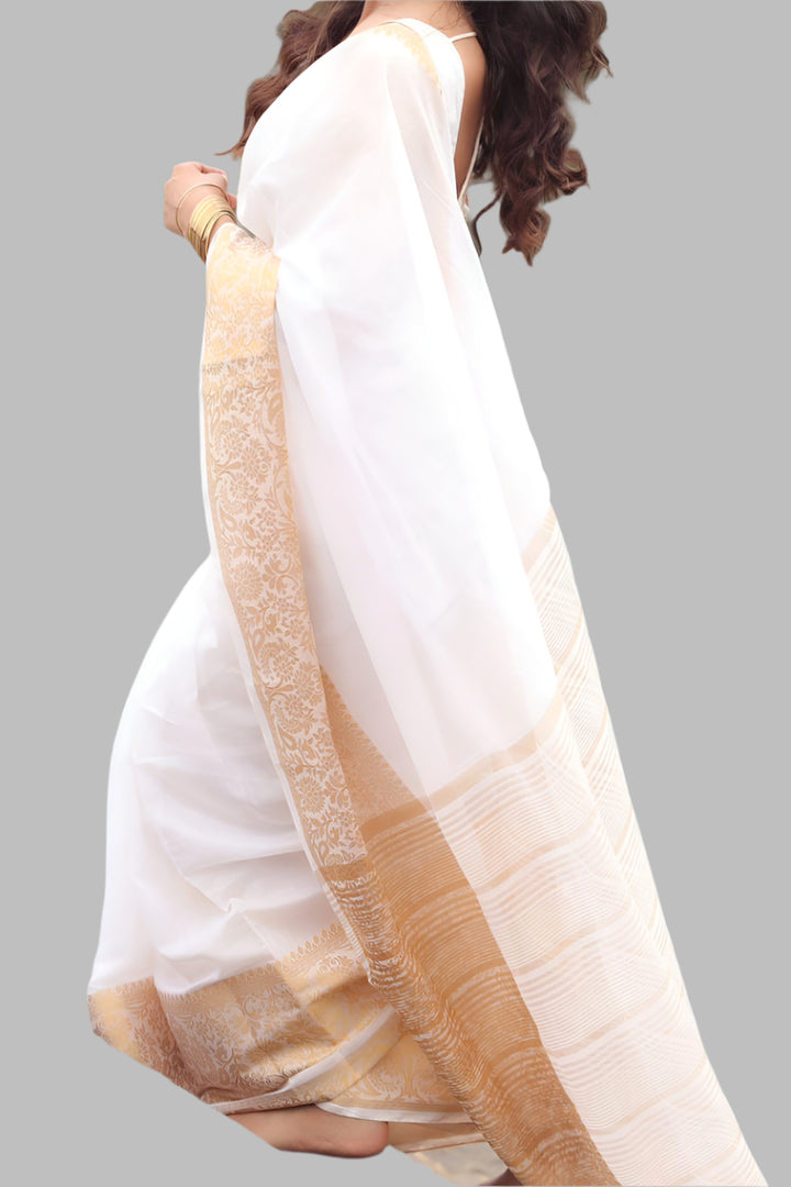 Model Inspired White Onam Cotton Saree