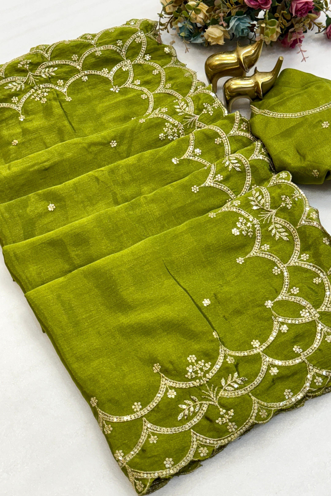 First Glance Chinnon Green Silk Saree