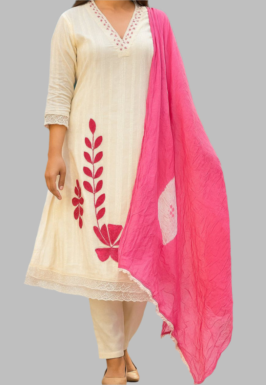 White Feathered Grace Cotton Kurti Set