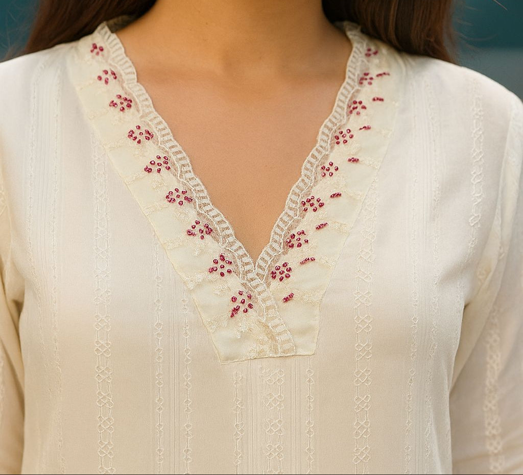 White Feathered Grace Cotton Kurti Set