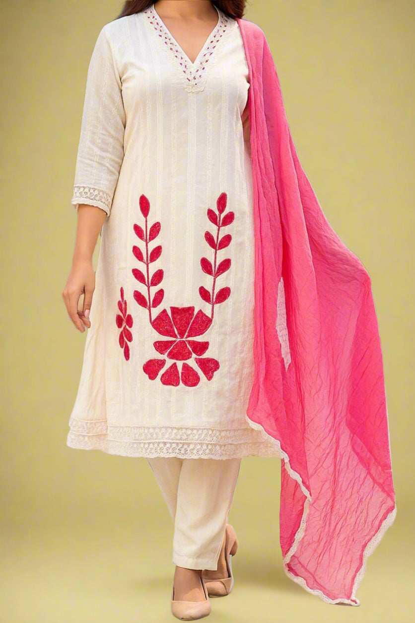 White Feathered Grace Cotton Kurti Set