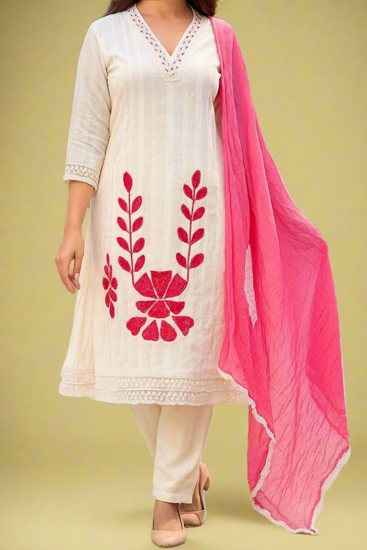 White Feathered Grace Cotton Kurti Set