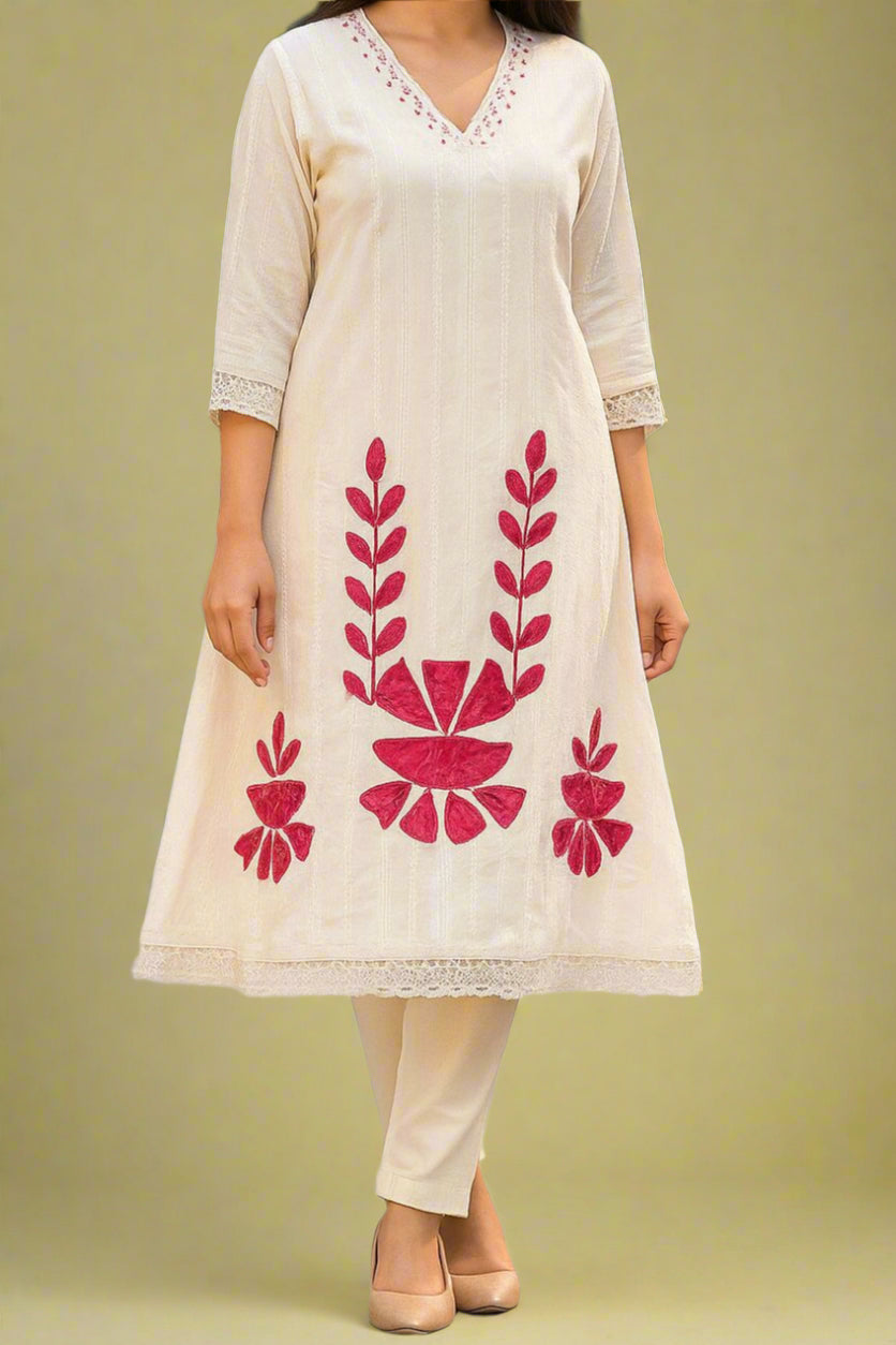 White Feathered Grace Cotton Kurti Set
