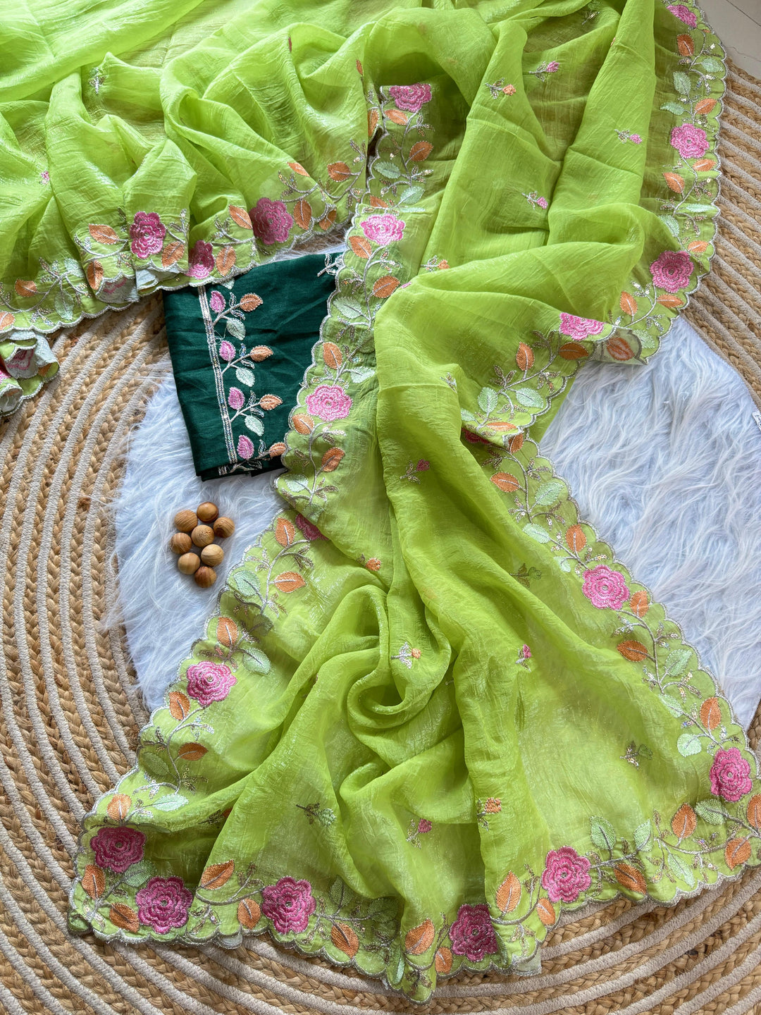 The Last Flower Fancy Green Chiffon Saree
