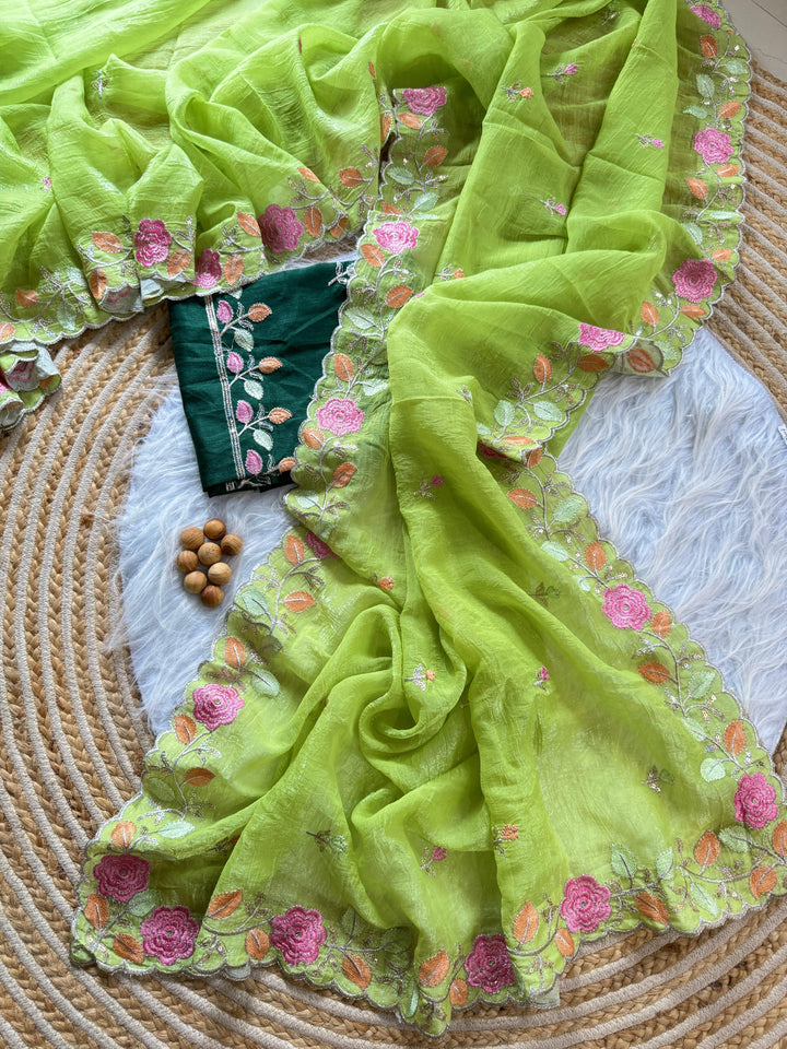 The Last Flower Fancy Green Chiffon Saree