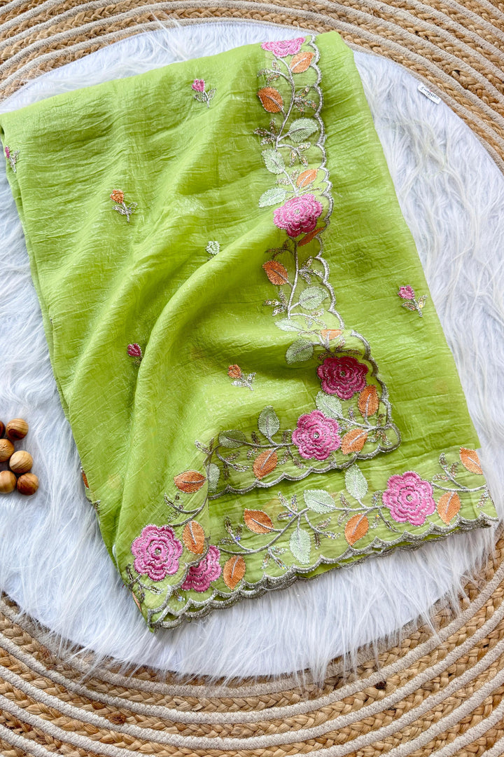The Last Flower Fancy Green Chiffon Saree
