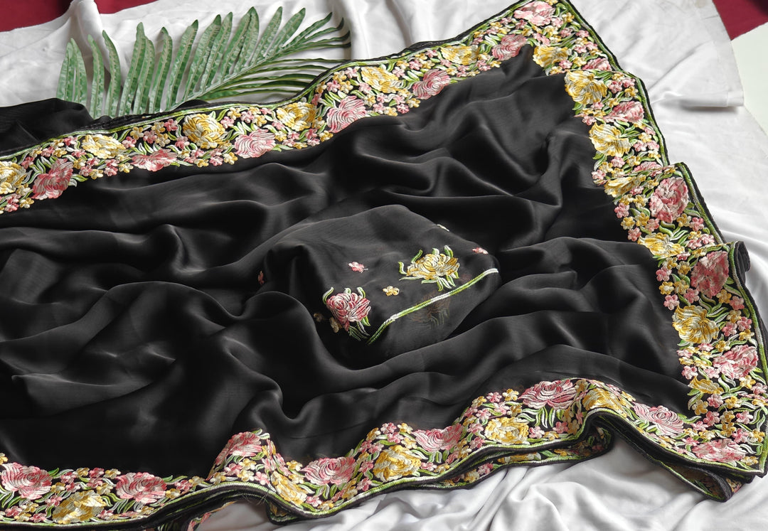 The Silver Shore Fancy Black Chiffon Saree