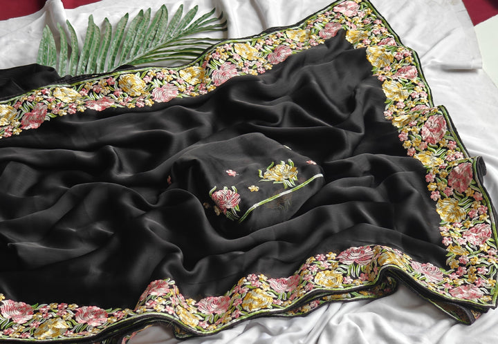 The Silver Shore Fancy Black Chiffon Saree