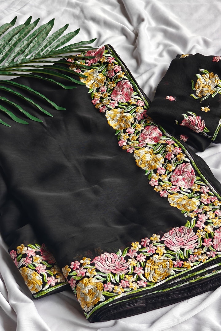 The Silver Shore Fancy Black Chiffon Saree