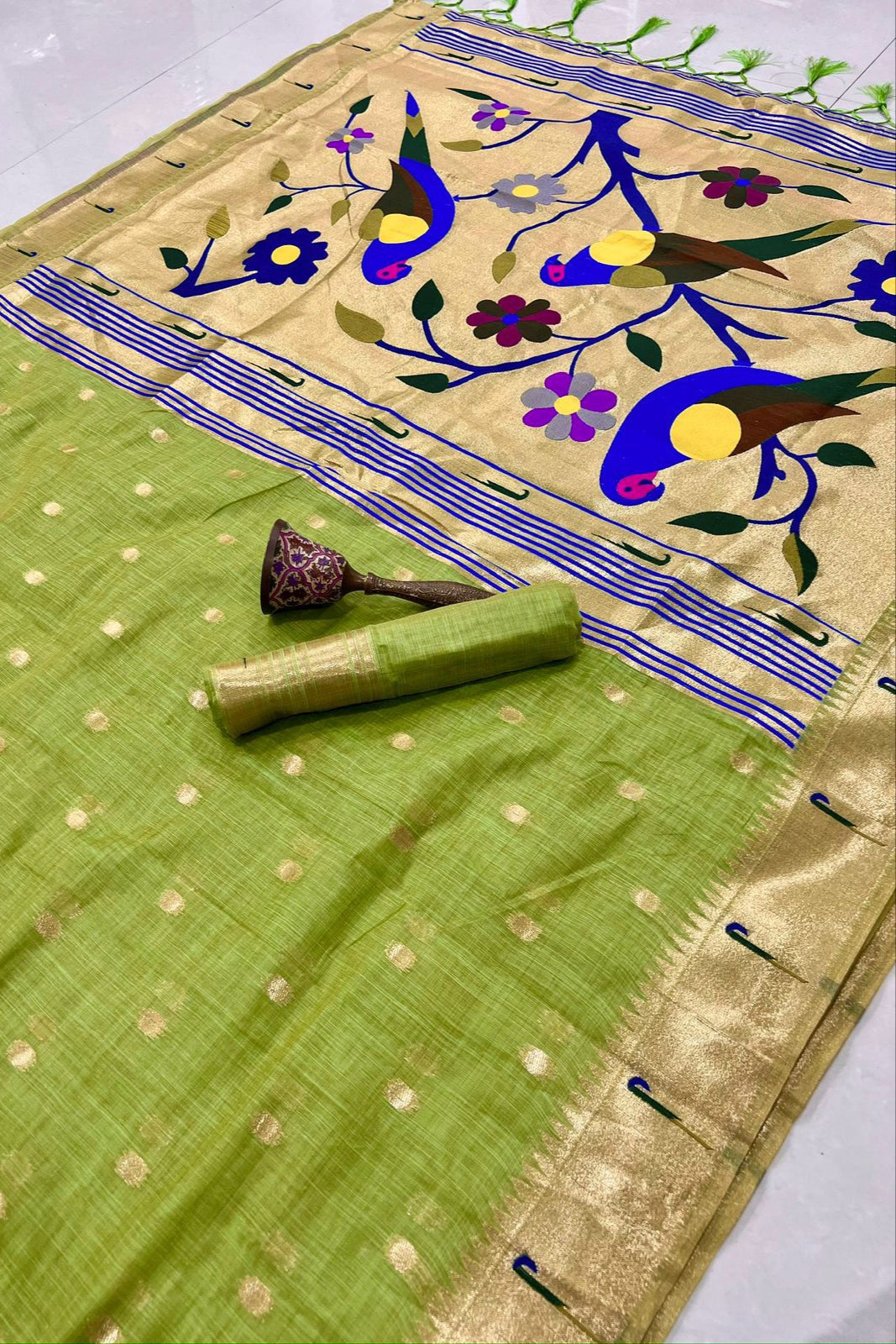 Fusion Master Muga Cotton Paithani Green Saree